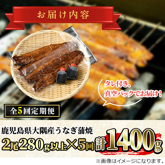 【1303707b】＜定期便・全5回(連続)＞鹿児島県産東串良町のうなぎ蒲焼(2尾・計280g以上・秘伝のタレ付き×5回) うなぎ 高級 ウナギ 鰻 国産 蒲焼 蒲焼き たれ 鹿児島【うなぎ太郎】