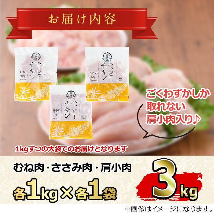 【0074805a-2603】＜2026年3月発送予定＞国産若鶏肉ヘルシーセット(合計3kg・ムネ、ささみ、肩小肉) 鶏肉 鳥肉 とり肉 むね肉 おかず 小分け 国産 【エビス】