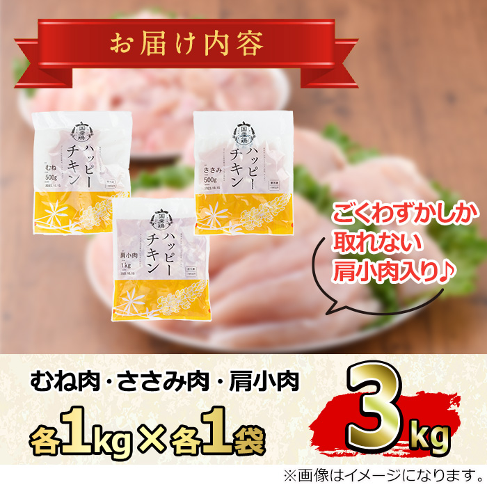 【0074805a-2606】＜2026年6月発送予定＞国産若鶏肉ヘルシーセット(合計3kg・ムネ、ささみ、肩小肉) 鶏肉 鳥肉 とり肉 むね肉 おかず 小分け 国産 【エビス】