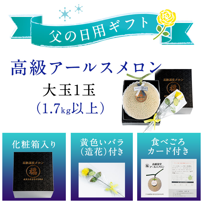 【0151114a-F】＜父の日ギフト・期間限定＞高級アールスメロン(大玉1玉・1.7kg以上、黄色バラ付(造花)付) メロン フルーツ 果物 果実 1キロ 数量限定 期間限定 贈答 贈り物 父の日【マル福園芸組合】