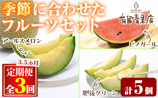 【0363607b】＜定期便・全3回＞自慢の農家×老舗青果店のフルーツ定期便(計5個) メロン アールスメロン スイカ すいか 小玉スイカ 肥後グリーン 果物 フルーツ 果実 セット 【有留青果】