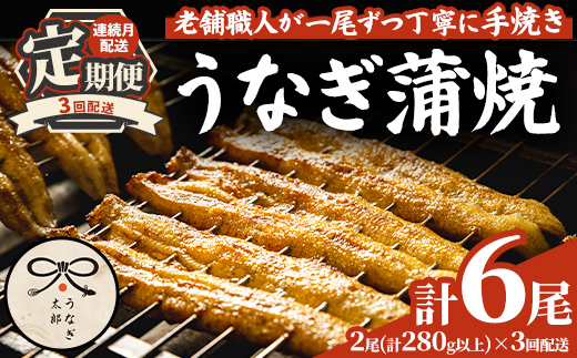 【0783706b】＜定期便・全3回(連続)＞鹿児島県産東串良町のうなぎ蒲焼(2尾・計280g以上・秘伝のタレ付き×3回) うなぎ 高級 ウナギ 鰻 国産 蒲焼 蒲焼き たれ 鹿児島【うなぎ太郎】