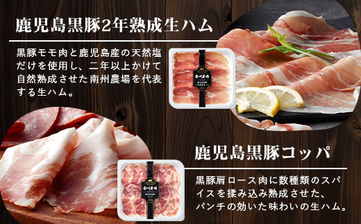 【定期便全3回】かごしま黒豚熟成生ハム４種食べ比べ セット（約540g）NS-519 | 国産 肉 お肉 豚肉 豚 にく ぶた 生ハム 最高峰 熟成ハム コッパ パンチェッタ コッホサラミ スパイス サラミ 冷蔵 詰め合わせ 産地直送 ギフト プレゼント 贈り物 鹿児島県 南大隅町 南州農場