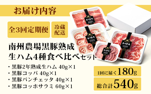 【定期便全3回】かごしま黒豚熟成生ハム４種食べ比べ セット（約540g）NS-519 | 国産 肉 お肉 豚肉 豚 にく ぶた 生ハム 最高峰 熟成ハム コッパ パンチェッタ コッホサラミ スパイス サラミ 冷蔵 詰め合わせ 産地直送 ギフト プレゼント 贈り物 鹿児島県 南大隅町 南州農場