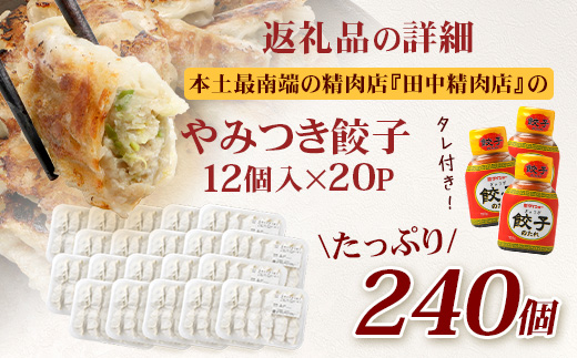 《リピーター続出！》佐多の田中肉屋 ニンニクたっぷりやみつき餃子 240個（12個入り×20パック） 餃子のタレ3本付き TA-2 | ぎょうざ 餃子 ギョウザ 豚肉 ひき肉 にんにく スタミナ餃子 焼くだけ 簡単 小分け 大容量 手作り お惣菜 おかず 冷凍 鹿児島県 南大隅町 田中精肉店