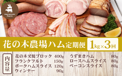《全3回定期便》<2ヶ月に１回お届け> 花の木農場【ハム詰め合わせセット】7種 計1,000g HK-18│定期便 ハム ベーコン クラフトハム 人気 南大隅町 第2花の木ファーム ノウフク ソーセージ 詰め合わせ セット ウインナー 国産 厳選