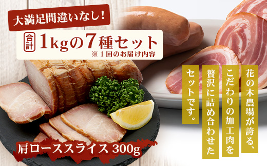 《全6回定期便》<2ヶ月に１回お届け> 花の木農場【ハム詰め合わせセット】7種 計1,000g HK-19│定期便 ハム ベーコン クラフトハム 人気 南大隅町 第2花の木ファーム ノウフク ソーセージ 詰め合わせ セット ウインナー 国産 厳選
