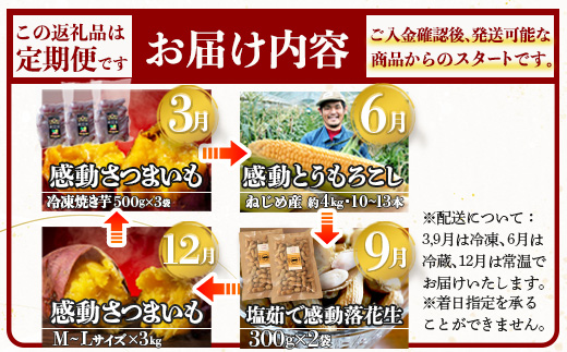 【定期便・年4回】農家の感動シリーズA(約9.1kg) FR-1｜冷凍焼き芋 ゴールドラッシュ とうもろこし 塩茹で 落花生 おおまさり ピーナッツ 芋 さつまいも 紅はるか 野菜定期便 旬 産地直送 サラダ 南大隅町