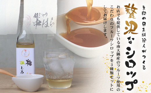 【先行予約・数量限定】日本料理人が作る シロップ 3種類 Bセット/辺塚だいだいシロップ・梅シロップ・生姜シロップ (各240ｇ×1瓶) GN-15｜鹿児島県 南大隅町 果物 うめ ショウガ しょうが フルーツ シロップ 希釈 甘み 酸味 甘さ控えめ お菓子づくり 手づくり 新鮮 旬 銀シャリ中はら