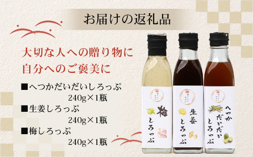 【先行予約・数量限定】日本料理人が作る シロップ 3種類 Bセット/辺塚だいだいシロップ・梅シロップ・生姜シロップ (各240ｇ×1瓶) GN-15｜鹿児島県 南大隅町 果物 うめ ショウガ しょうが フルーツ シロップ 希釈 甘み 酸味 甘さ控えめ お菓子づくり 手づくり 新鮮 旬 銀シャリ中はら