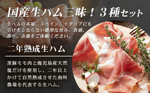 南州農場 国産生ハム三昧！ ハム好きのための 生ハム3種セット NS-33 | 熟成 生ハム 国産 南州黒牛 豚肉 ３種 セット 食べくらべ セット 県知事賞 食品産業センター会長賞 受賞 南大隅町 南州農場