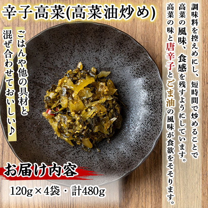 n334 中園久太郎商店のお漬物・辛子高菜 高菜油炒め(計480g・120g×4袋) 種子島産 国産 鹿児島県産 つけもの 高菜 セット 野菜 おかず トッピング 【中園久太郎商店】