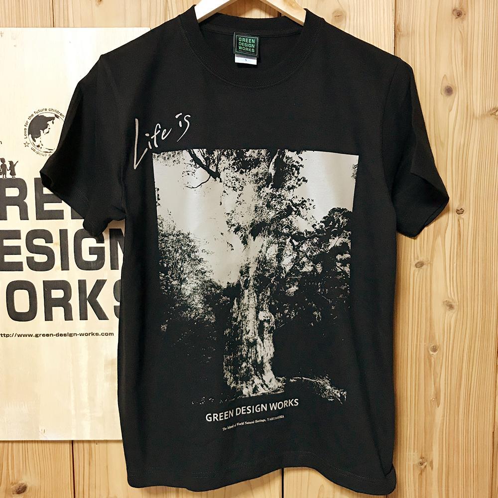 (新タイプ) 屋久島縄文杉Tシャツ LIFE is (黒) サイズ：M (男女兼用)