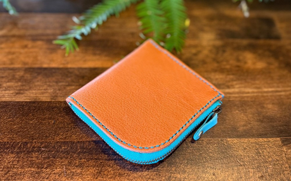 屋久鹿レザーの島財布 キャメル×ターコイズ