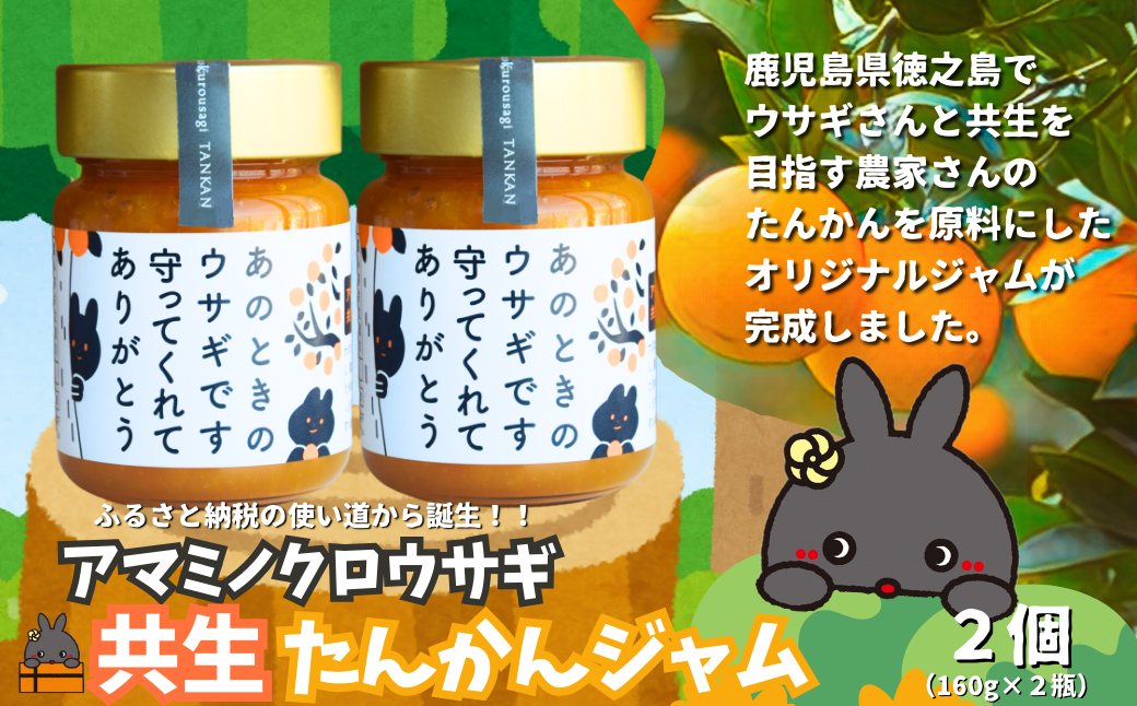 《徳之島町オリジナル！》アマミノクロウサギ共生たんかんジャム 2個（160g×2）　( ジャム アマミノクロウサギ ウサギ うさぎ 共生 自然保護 共に暮らす パン たんかん パッションフルーツ フルーツ 果物 島 濃厚 美味しい 徳之島 鹿児島 美農里館 世界自然遺産 武蔵野大学 )