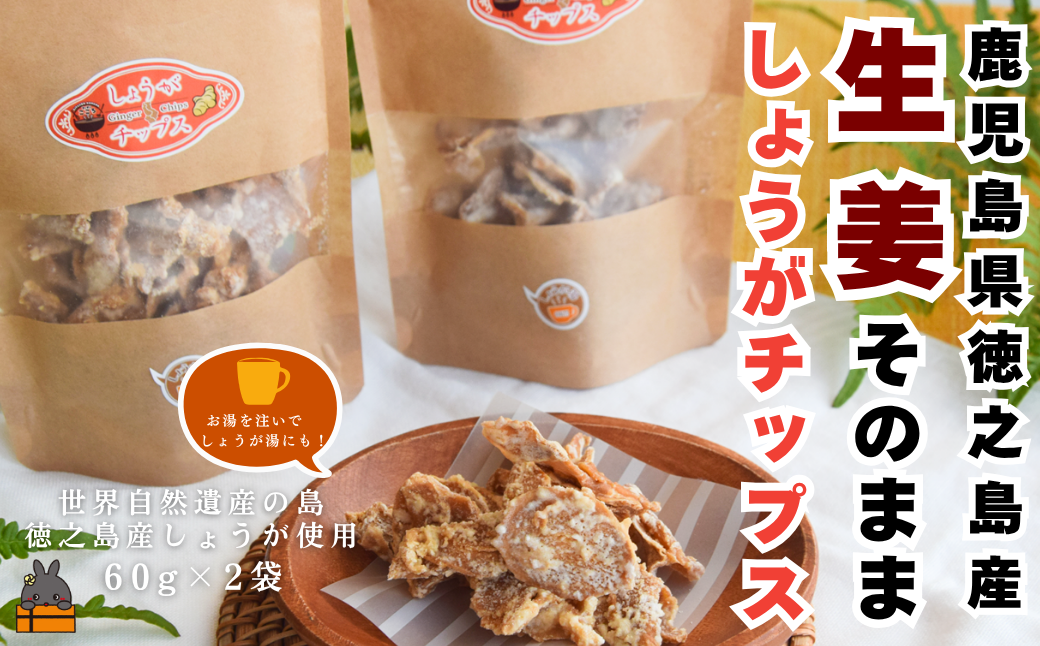 徳之島産生姜そのまま しょうがチップス（60g×2袋） （ しょうが 生姜 ショウガ 黒糖 黒砂糖 シークニン しょうが湯 生姜湯 国産 徳之島 奄美 鹿児島 キッチンこころ ）