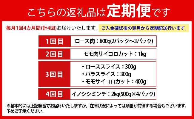 【4回定期便】イノシシ肉 食べ比べ 定期便 ミンチ ロース サイコロ 焼肉セット ジビエ イノシシ