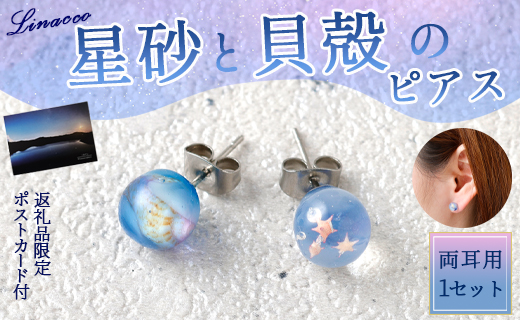 星砂と貝殻の ピアス 1個  天然石ビーズ パワーストーン 両耳用 サージカルステンレス 幅2cm ニッケルフリー アクセサリー ファッション レディース 女性 貝殻 星砂 鹿児島県 天城町