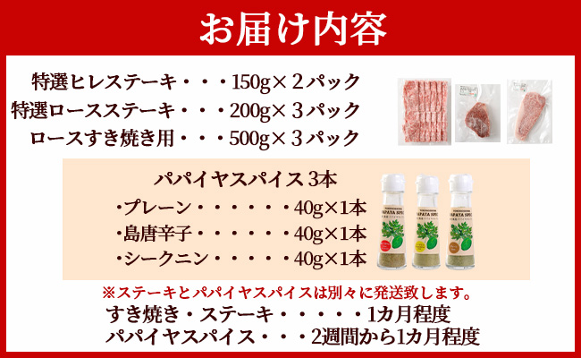 鹿児島黒牛 すき焼き＆ステーキセット（合計 約2.4kg） 3種のパパイヤスパイス付き 国産 黒毛和牛 すき焼き ステーキ セット 黒牛 スパイス