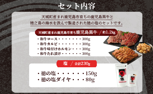 鹿児島 黒牛 焼肉 セット（ 4種 盛り ） 計約1.2kg 徳の塩 ・ ダイヤ セット 計約230g 総計約1.43kg 【セット】 天城町産 鹿児島育ち 黒毛和牛 和牛ロース 和牛カルビ 国産 鹿児島県 天城町