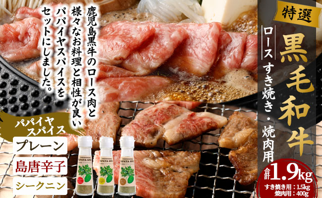 特選 鹿児島黒毛和牛 すき焼き 焼肉 パパイヤスパイス ３種セット Z-10 黒毛和牛 和牛 すき焼き 焼き肉 肉 牛 パパイヤ