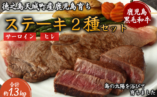 徳之島 天城町産 鹿児島育ち 鹿児島黒毛和牛 ステーキ 2種セット 合計約1.3kg サーロイン 720g 180g×4枚 ヒレ 600g 150g×4枚