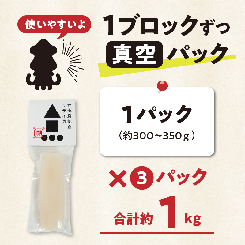 冷凍保存ＯＫ！エメラルドブルーの美しい海で育ったおいしいソデイカ冷凍ブロック約１キロ（3～4人前）！