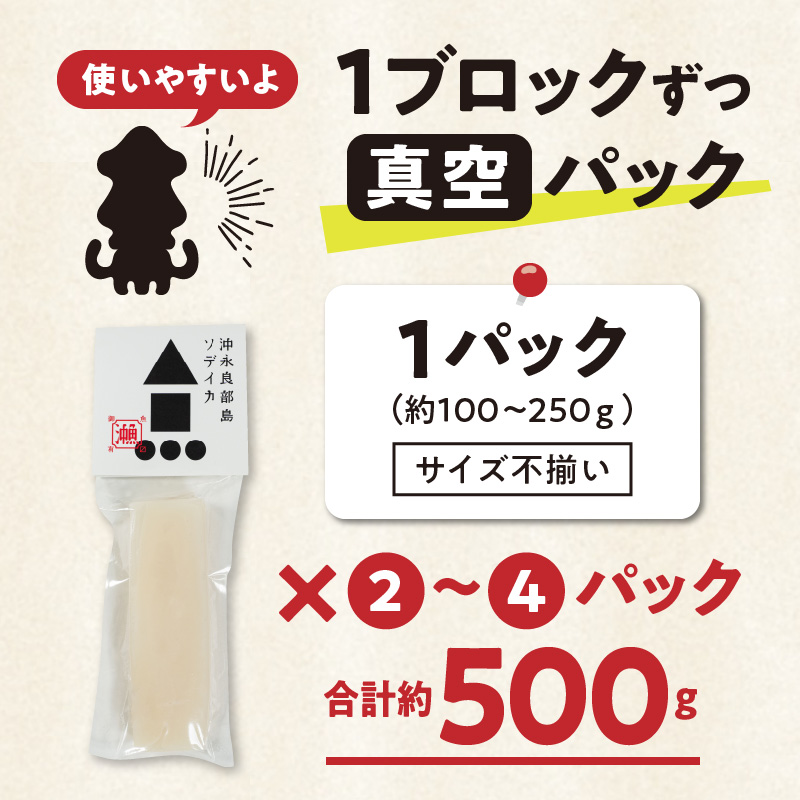 冷凍保存ＯＫ！エメラルドブルーの美しい海で育ったおいしいソデイカ冷凍ブロック約500グラム（１～２人前）！