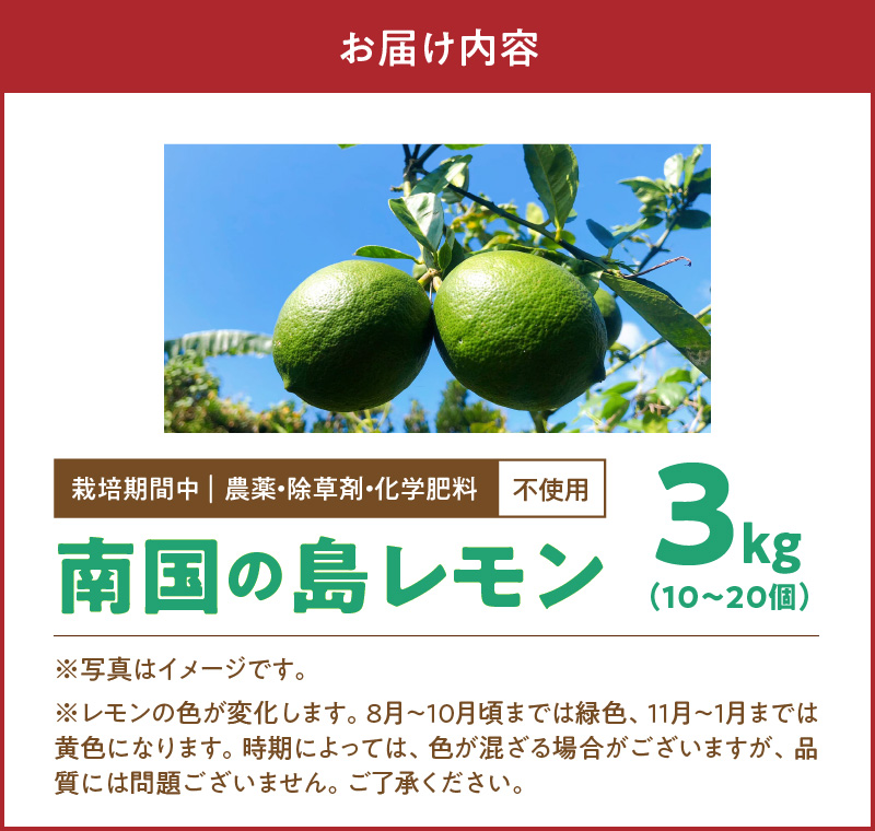 ■【先行受付】栽培期間中 農薬・除草剤・化学肥料不使用！南国の島レモン 3kg！【2026年9月～2027年2月下旬お届け】　W043-004u