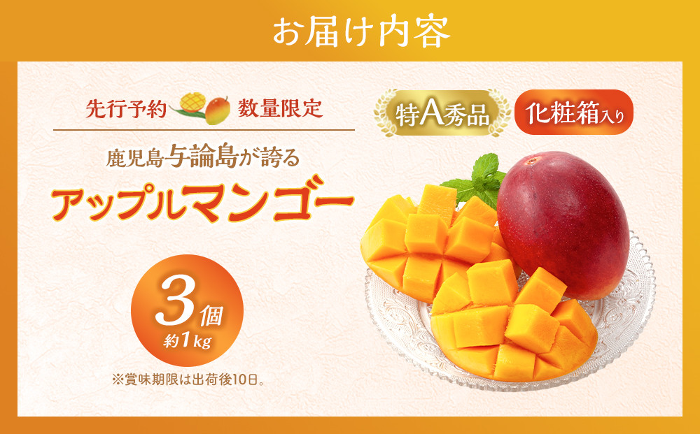 【数量限定】鹿児島 与論島アップルマンゴー特A秀品３個約１kg 化粧箱入り【先行予約】