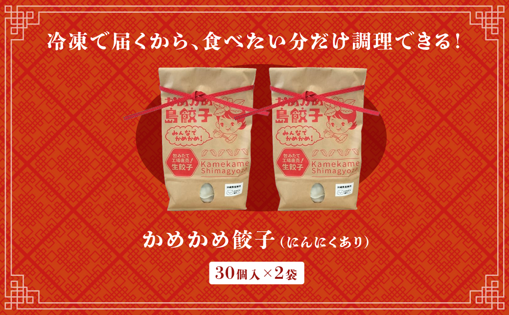 かめかめ島餃子 (豚肉・にんにくあり) 30個 × 2袋 | 包みたて 工場直売 餃子 シママース | 簡単調理 手軽 | 餃子 豚肉 出汁 沖縄 お取り寄せ グルメ 冷凍 にんにく | 沖縄県 宜野湾市 | 送料無料