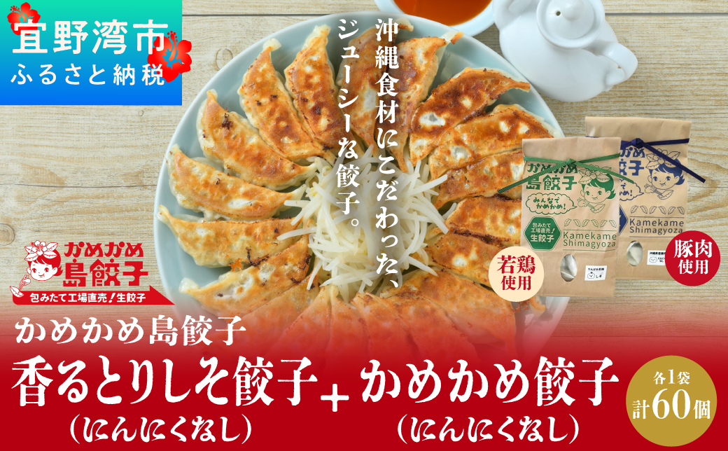 かめかめ島餃子 (しそ・にんにくなし) 30個 × 2袋 | 香るとりしそ餃子(若鶏・にんにくなし)  かめかめ餃子(豚肉・にんにくなし) やんばる若鶏 | 包みたて 工場直売 餃子 シママース | 簡単調理 手軽 | 餃子 豚肉 鶏肉 出汁 沖縄 お取り寄せ グルメ 冷凍 | 沖縄県 宜野湾市 | 送料無料