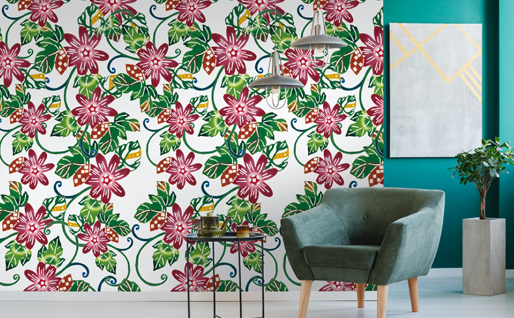 紅型壁紙 2m FORZA フォルザ | 紅琉 BINRYU アラヤプランニング株式会社 | 沖縄 伝統工芸 びんがた 紅型 | 防炎 抗菌 壁紙 | テキスタイル インテリア モダン ナチュラル | 柄 花柄