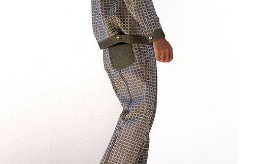 AZ-72 みんさー織 総手織りブルゾン＆パンツ（楕円ヒチガーラ  グレイッシュ）Lサイズ