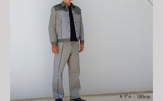 AZ-72 みんさー織 総手織りブルゾン＆パンツ（楕円ヒチガーラ  グレイッシュ）Lサイズ