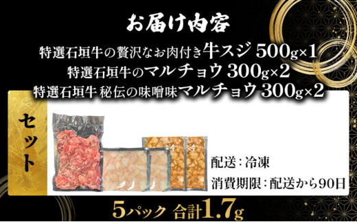 【2025年11月以降順次発送】特選石垣牛の牛スジとマルチョウ、秘伝の味噌味をご家庭で！！牛スジ500g、マルチョウ300ｇ×2、味噌味マルチョウ300ｇ×2のよくばりセット | 沖縄 石垣 牛スジ マルチョウ ホルモン 牛 肉 特選 黒毛 和牛 贅沢 秘伝 ミソ 味噌 家庭用 | IM-31