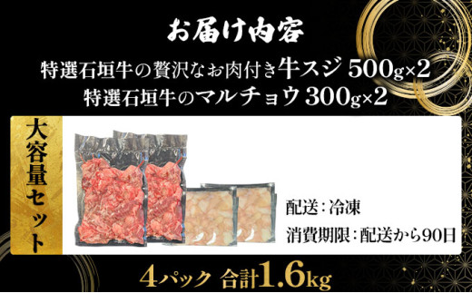 【2025年11月以降順次発送】特選石垣牛の牛スジとマルチョウをご家庭で！！牛スジ500g×2、マルチョウ300ｇ×2の大容量セット | 沖縄 石垣 牛スジ マルチョウ ホルモン 牛 肉 特選 黒毛 和牛 贅沢 | IM-24