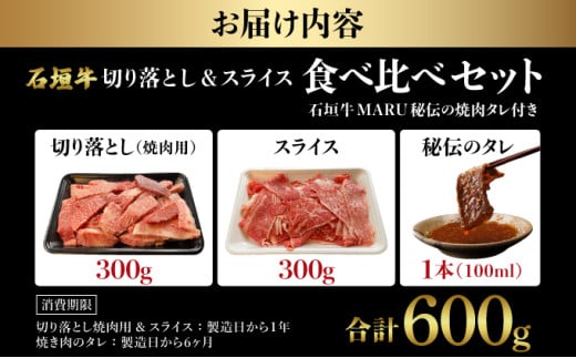 【2026年2月以降順次発送】希少な特選石垣牛をご家庭で！！切り落とし焼き肉用とスライスの食べ比べ 合計600g &石垣牛 MARU秘伝の焼肉タレ100ml×1本 | 沖縄 石垣 特選 牛 切り落とし スライス 食べ比べ 焼き肉 しゃぶしゃぶ すき焼き タレ | IM-32