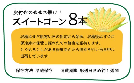 【先行予約2025年12月-2026年4月】 1番遅くて1番早い⁉ 朝採れプレミアムスイートコーンを皮付きのまま８本お届け！！