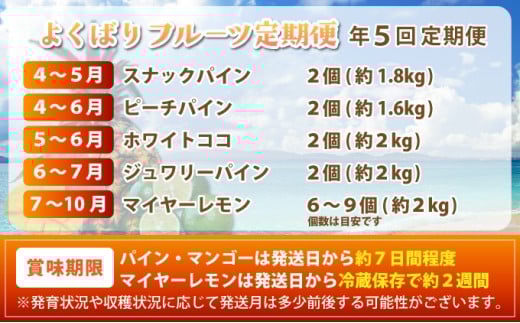 《2026年4月以降発送》パイナップル好きにおすすめ！大満足のパイナップル4品種＆青切りマイヤーレモン定期便　年5回に分けてお送りします