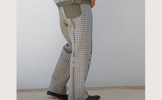 みんさー織 総手織りパンツ（楕円ヒチガーラ  グレイッシュ）Lサイズ AZ-66-1