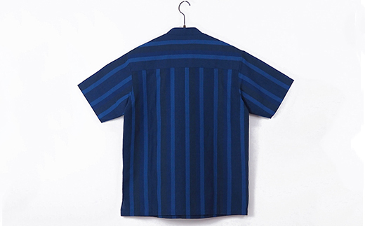 AZ-78 みんさー織 総手織りマオカラーシャツ（藍ストライプ）Lサイズ