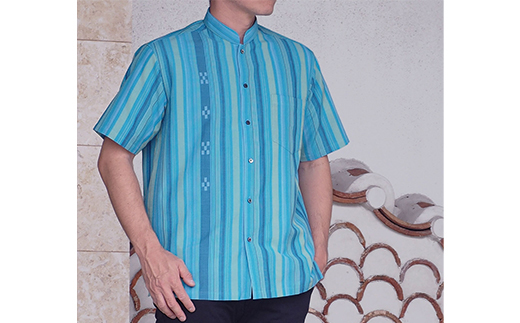 AZ-81 みんさー織 総手織りマオカラーシャツ（ニライカナイBL）Lサイズ