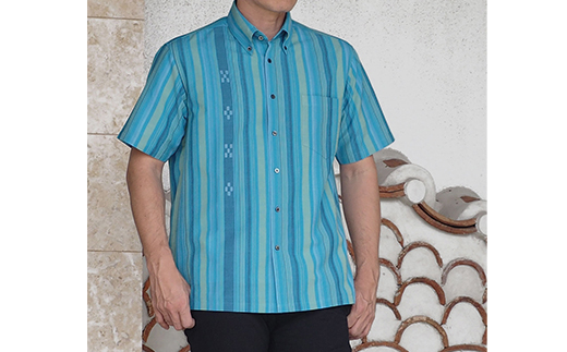 AZ-84 みんさー織 総手織りボタンダウンシャツ（ニライカナイBL）Lサイズ