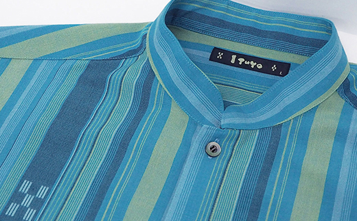 AZ-81 みんさー織 総手織りマオカラーシャツ（ニライカナイBL）Lサイズ