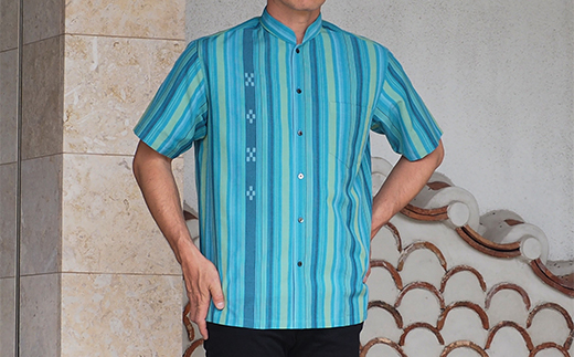 AZ-87 みんさー織 総手織りマオカラーシャツ（ニライカナイBG）Lサイズ