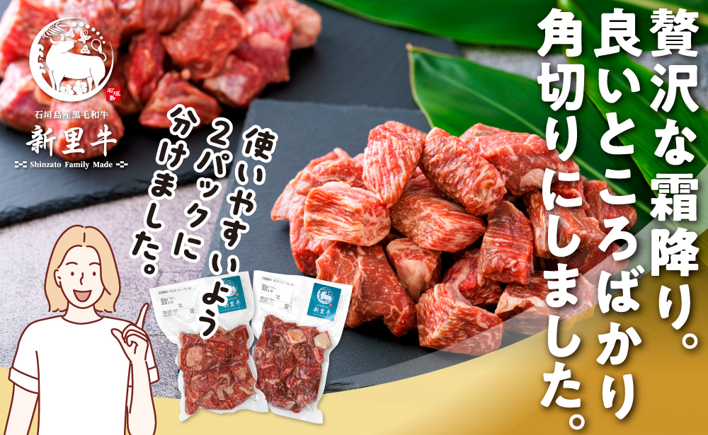 石垣島産 黒毛和牛 新里牛 多用途抜群！煮込み用贅沢角切り（500g×2） 合計1kg以上 カレー シチュー SZ-44