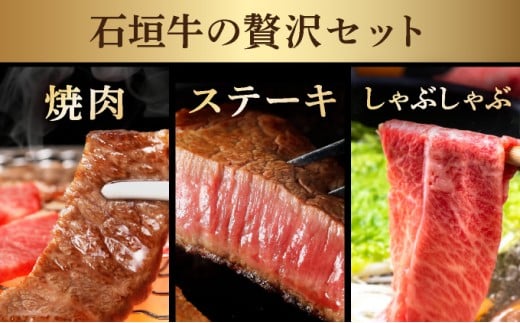 【2025年11月以降順次発送】【3回定期便】希少な特選石垣牛をご家庭で！！全3回合計1.1kg　上カルビ、ヒレステーキ各400gずつ、特選しゃぶしゃぶ用300g & 石垣牛 MARU秘伝の焼肉タレ100ml×1本 | 沖縄 石垣 特選 牛 上 赤身 カルビ ヒレ ステーキ ロース 肉 焼肉 真空 冷凍 タレ 定期便 | IM-61t