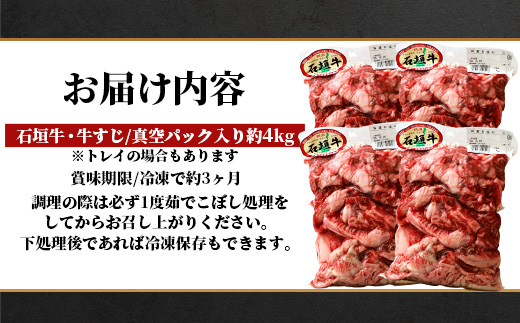 石垣牛・牛すじ 4kg （1kg×4） 冷凍便【 沖縄県 石垣市 牛肉 お肉 牛スジ 牛筋 煮込み おでん カレー 】 SI-87