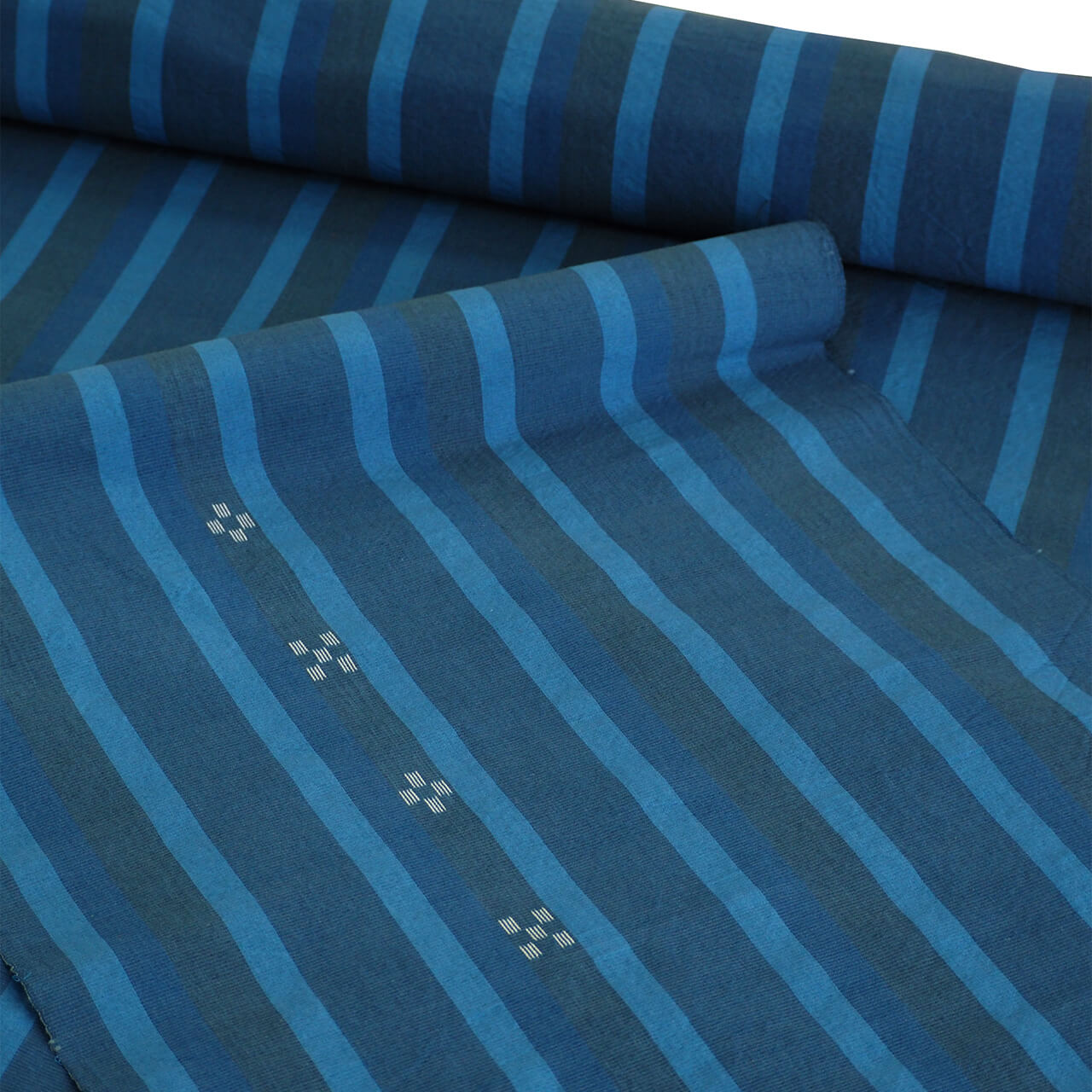 AZ-78 みんさー織 総手織りマオカラーシャツ（藍ストライプ）Lサイズ